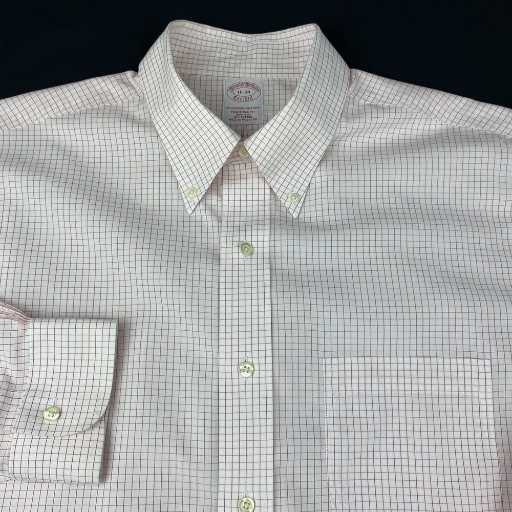 Brooks Brothers Shirt Mens 16-34 Pink/White Checks Traditional Fit No Iron